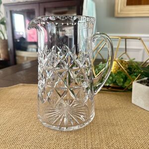 Tudor England Cut Crystal‎ Cross Hatch Diamond Design Milk Pitcher 7” Vintage
